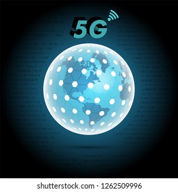 world 3d globe with newest 5g mobile network telecommunication technology sign on top with binary code on background. vector illustration