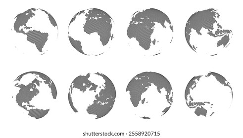 World 3d map. Globe sphere with dotted continents, Earth dots grid wireframe and geometric geography technology visuals. Futuristic global isolated vector set.