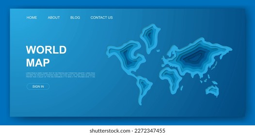 Plantilla de sitio web de corte de papel 3d mundial. Papel de silueta de la Tierra cortado ilustración. Símbolo del mapa de la Tierra para la página de aterrizaje, página de publicidad.