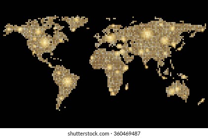 World abstract dotted stylized golden map on black. Vector illustration.