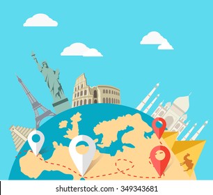 World adventure travel. Relaxation journey, leisure rest tourism, statue liberty, eiffel tower, colosseum, trip global tour. Travel, world, globe, world map, around the world, globe travel, world tou