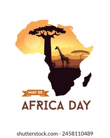 World Africa Day Illustration with Africa map and silhouette giraffe on sunset. Vector Illustration