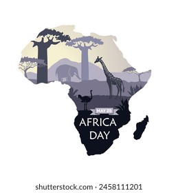 World Africa Day Illustration with Africa map and animal silhouettes giraffe, elephant, ostrich on sunset. Vector Illustration