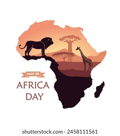 World Africa Day Illustration with Africa map and silhouette giraffe and lion on sunset. Vector Illustration
