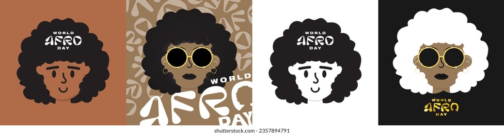 World Afro Day Poster Set. Cartoon Illustrations of people with afro hairstyles. Human Icons with afro hair. Vector Illustration. 