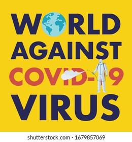World against covid-19 virus. Flat illustration of an officer with hazmat suit spraying disinfectant.