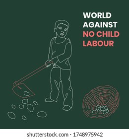 World Against No Child Labour, Stop Child Labour, Child Labour In India And World. Child Holding Hoe And Collecting Pebbles. 