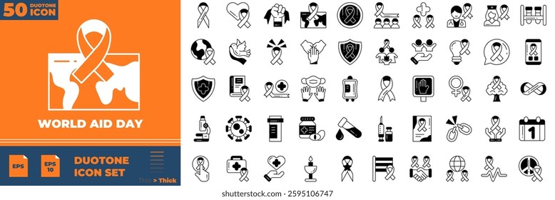 World Aid Day icon set. Containing red, ribbon, december,and more. Duotone vector icons collection.