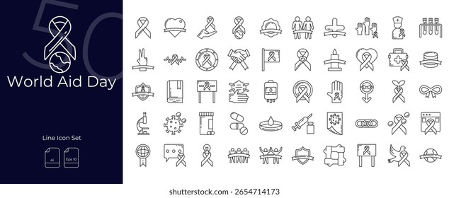 Linha do Dia Mundial da Ajuda Conjunto de ícones editáveis. Ilustração vetorial no estilo moderno de linha fina de ícones do Dia Mundial da Ajuda: consciência, fita, tratamento, etc