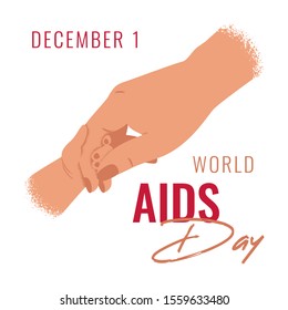 World Aids day 1 december card. Female hand holds baby's hand on white background. Preventing Mother-to-Child Transmission of HIV