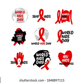 World Aids Day 1 December International day for global health. Vector label AIDS and Hiv illustration. Red ribbon icon set. Stop Aids