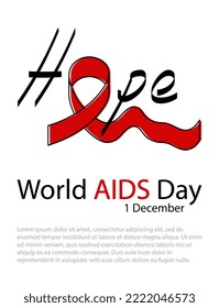 World AIDS Day 1 december vector illustration. Red ribbon and word Hope. AIDS awareness concept background. Poster, flyer, brochure design template. Flat style