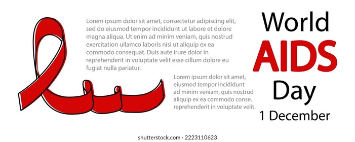 World AIDS Day 1 december horizontal background with red ribbon. HIV awareness banner. Flat style vector illustration with copy space for text