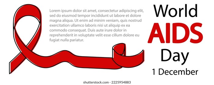 World AIDS Day 1 december horizontal background with red ribbon. HIV awareness banner. Simple flat style Vector illustration with copy space for text