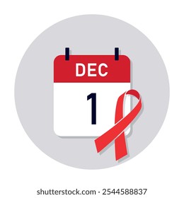 World Aids Day 1 December calendar date with red ribbon, vector illustration