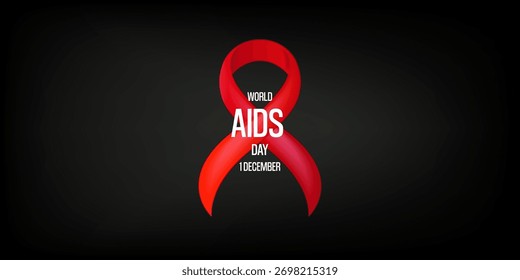 Welt-Aids-Tag 1 Dezember Banner mit Text und rotem Band auf grauem Hintergrund. Welt-HIV-Aufklärungstag 1. Dezember. Rotes Band mit Text einzeln auf grauem Hintergrund. Plakat zum Welt-Aids-Tag