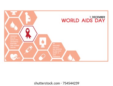 "WORLD AIDS DAY" and "1 DECEMBER" wordings with red ribbon, white medical i con and wording about infection of HIV on pink polygon isolate on white background.