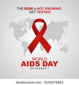  Cartaz da campanha do Dia Mundial da Aids 2024 para as mídias sociais. Projeto de banner do Mês da Consciência da AIDS, 1º de dezembro. Dia da AIDS Fundo com fita vermelha, mensagem e ilustração do mapa do mundo. 