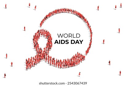 Cartaz conceitual do mês da conscientização do Dia Mundial da AIDS.1º de dezembro. Um grande grupo de pessoas se forma para criar uma fita vermelha. Ilustração vetorial.