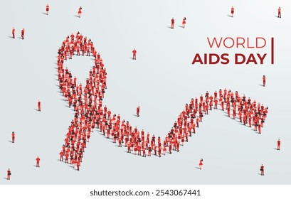 Cartaz conceitual do mês da conscientização do Dia Mundial da AIDS.1º de dezembro. Um grande grupo de pessoas se forma para criar uma fita vermelha. Ilustração vetorial.