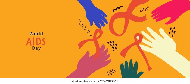 Conciencia del Día Mundial del SIDA. Palmeras multicolores sostienen la cinta roja.Dibujo de doodle plano horizontal vectorial para la pancarta, afiche