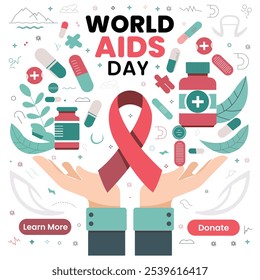 World AIDS Day awareness poster featuring a red ribbon symbol and healthcare icons like pills, medicine bottles, and hands. Promotes support, compassion, and encourages people to learn more and donate