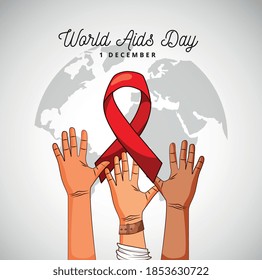 world aids day with awareness ribbon and hands with world map. vector illustration