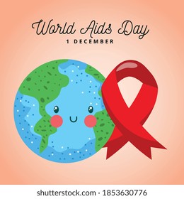 world aids day with awareness ribbon and planet cartoon. vector illustration