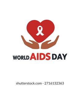 Conjunto de Vector de concienciación del Día Mundial del SIDA con tipografía de cinta roja y manos sosteniendo un corazón. Concepto de prevención y solidaridad del VIH para carteles, redes sociales y Anuncios. Aislado en blanco