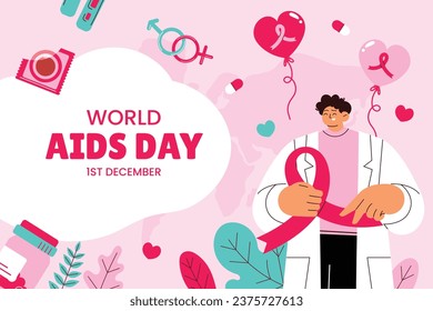 World AIDS Day background. World AIDS Day Awareness Campaign. December 1. Cartoon Vector illustration template for Poster, Banner, Flyer, Post, Card, Cover. HIV AIDS prevention design. Red ribbon.