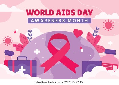 World AIDS Day background. World AIDS Day Awareness Campaign. December 1. Cartoon Vector illustration template for Poster, Banner, Flyer, Post, Card, Cover. HIV AIDS prevention design. Red ribbon.