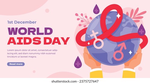 Antecedentes del Día Mundial del SIDA. Campaña mundial de sensibilización sobre el SIDA. 1 de diciembre. Plantilla de ilustración de vectores de dibujos animados para afiches, pancartas, volantes, entradas, tarjetas, carátulas. Diseño de prevención del VIH/SIDA. Cinta roja.