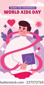 Antecedentes del Día Mundial del SIDA. Campaña mundial de sensibilización sobre el SIDA. 1 de diciembre. Plantilla de ilustración de vectores de dibujos animados para afiches, pancartas, volantes, entradas, tarjetas, carátulas. Diseño de prevención del VIH/SIDA. Cinta roja.