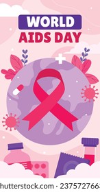 Hintergrund des Welt-AIDS-Tages. Kampagne zur Sensibilisierung für den Weltaidstag. 1. Dezember. Cartoon Vektorgrafik Vorlage für Poster, Banner, Flyer, Post, Card, Cover. Konzeption der HIV-Aids-Prävention. Rotes Band.