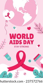 Antecedentes del Día Mundial del SIDA. Campaña mundial de sensibilización sobre el SIDA. 1 de diciembre. Plantilla de ilustración de vectores de dibujos animados para afiches, pancartas, volantes, entradas, tarjetas, carátulas. Diseño de prevención del VIH/SIDA. Cinta roja.