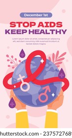 Antecedentes del Día Mundial del SIDA. Campaña mundial de sensibilización sobre el SIDA. 1 de diciembre. Plantilla de ilustración de vectores de dibujos animados para afiches, pancartas, volantes, entradas, tarjetas, carátulas. Diseño de prevención del VIH/SIDA. Cinta roja.