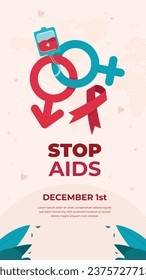 Hintergrund des Welt-AIDS-Tages. Kampagne zur Sensibilisierung für den Weltaidstag. 1. Dezember. Cartoon Vektorgrafik Vorlage für Poster, Banner, Flyer, Post, Card, Cover. Konzeption der HIV-Aids-Prävention. Rotes Band.