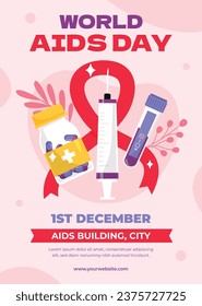 Antecedentes del Día Mundial del SIDA. Campaña mundial de sensibilización sobre el SIDA. 1 de diciembre. Plantilla de ilustración de vectores de dibujos animados para afiches, pancartas, volantes, entradas, tarjetas, carátulas. Diseño de prevención del VIH/SIDA. Cinta roja.