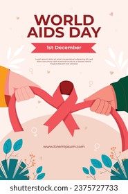 Antecedentes del Día Mundial del SIDA. Campaña mundial de sensibilización sobre el SIDA. 1 de diciembre. Plantilla de ilustración de vectores de dibujos animados para afiches, pancartas, volantes, entradas, tarjetas, carátulas. Diseño de prevención del VIH/SIDA. Cinta roja.