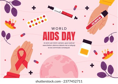 Antecedentes del Día Mundial del SIDA. Campaña mundial de sensibilización sobre el SIDA. 1 de diciembre. Plantilla de ilustración de vectores de dibujos animados para afiches, pancartas, volantes, entradas, tarjetas, carátulas. Diseño de prevención del VIH/SIDA. Cinta roja.