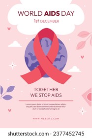 Antecedentes del Día Mundial del SIDA. Campaña mundial de sensibilización sobre el SIDA. 1 de diciembre. Plantilla de ilustración de vectores de dibujos animados para afiches, pancartas, volantes, entradas, tarjetas, carátulas. Diseño de prevención del VIH/SIDA. Cinta roja.