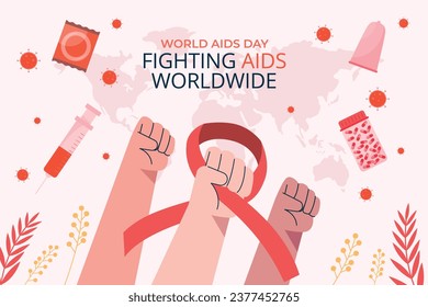 World AIDS Day background. World AIDS Day Awareness Campaign. December 1. Cartoon Vector illustration template for Poster, Banner, Flyer, Post, Card, Cover. HIV AIDS prevention design. Red ribbon.