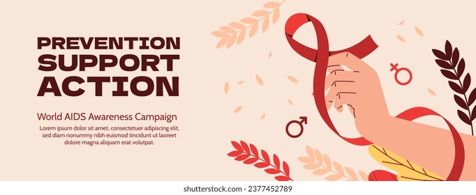 Antecedentes del Día Mundial del SIDA. Campaña mundial de sensibilización sobre el SIDA. 1 de diciembre. Plantilla de ilustración de vectores de dibujos animados para afiches, pancartas, volantes, entradas, tarjetas, carátulas. Diseño de prevención del VIH/SIDA. Cinta roja.