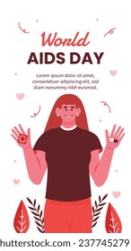 Antecedentes del Día Mundial del SIDA. Campaña mundial de sensibilización sobre el SIDA. 1 de diciembre. Plantilla de ilustración de vectores de dibujos animados para afiches, pancartas, volantes, entradas, tarjetas, carátulas. Diseño de prevención del VIH/SIDA. Cinta roja.