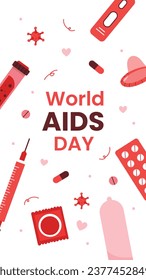 Antecedentes del Día Mundial del SIDA. Campaña mundial de sensibilización sobre el SIDA. 1 de diciembre. Plantilla de ilustración de vectores de dibujos animados para afiches, pancartas, volantes, entradas, tarjetas, carátulas. Diseño de prevención del VIH/SIDA. Cinta roja.