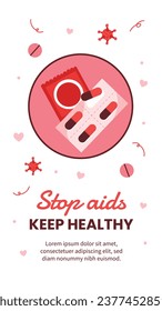 Antecedentes del Día Mundial del SIDA. Campaña mundial de sensibilización sobre el SIDA. 1 de diciembre. Plantilla de ilustración de vectores de dibujos animados para afiches, pancartas, volantes, entradas, tarjetas, carátulas. Diseño de prevención del VIH/SIDA. Cinta roja.