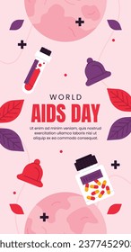 Antecedentes del Día Mundial del SIDA. Campaña mundial de sensibilización sobre el SIDA. 1 de diciembre. Plantilla de ilustración de vectores de dibujos animados para afiches, pancartas, volantes, entradas, tarjetas, carátulas. Diseño de prevención del VIH/SIDA. Cinta roja.
