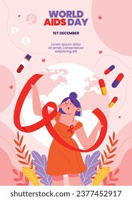 Antecedentes del Día Mundial del SIDA. Campaña mundial de sensibilización sobre el SIDA. 1 de diciembre. Plantilla de ilustración de vectores de dibujos animados para afiches, pancartas, volantes, entradas, tarjetas, carátulas. Diseño de prevención del VIH/SIDA. Cinta roja.