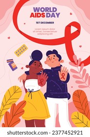 Antecedentes del Día Mundial del SIDA. Campaña mundial de sensibilización sobre el SIDA. 1 de diciembre. Plantilla de ilustración de vectores de dibujos animados para afiches, pancartas, volantes, entradas, tarjetas, carátulas. Diseño de prevención del VIH/SIDA. Cinta roja.