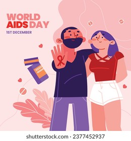 Antecedentes del Día Mundial del SIDA. Campaña mundial de sensibilización sobre el SIDA. 1 de diciembre. Plantilla de ilustración de vectores de dibujos animados para afiches, pancartas, volantes, entradas, tarjetas, carátulas. Diseño de prevención del VIH/SIDA. Cinta roja.